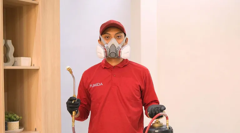 Teknisi Fumida membasmi tawon dengan metode spraying