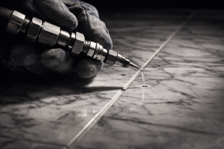Teknisi profesional melakukan cara kerja metode drill injection anti rayap presisi pada nat lantai marmer.