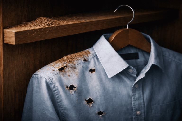 Baju katun mahal berlubang akibat dimakan rayap di dalam lemari pakaian partikel MDF
