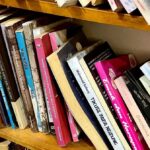 Cara Mengusir Rayap Dari Lemari Buku Koleksi Pribadi Tanpa Merusak Buku Kesayangan Row of assorted books leaning on a wooden shelf, angled against the back wall.