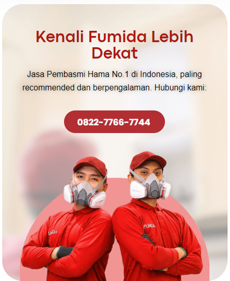 Hero promoting Kenali Fumida Lebih Dekat: two workers in red uniforms wearing respirators, with a red rounded contact button showing 0822-7766-7744.
