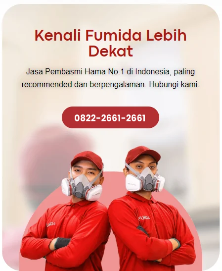 Hero promoting Kenali Fumida Lebih Dekat: two workers in red uniforms wearing respirators, with a red rounded contact button showing 0822-2661-2661.
